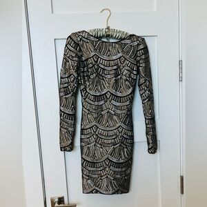 Dress the Population Black and Silver Geometric Long Sleeve Dress